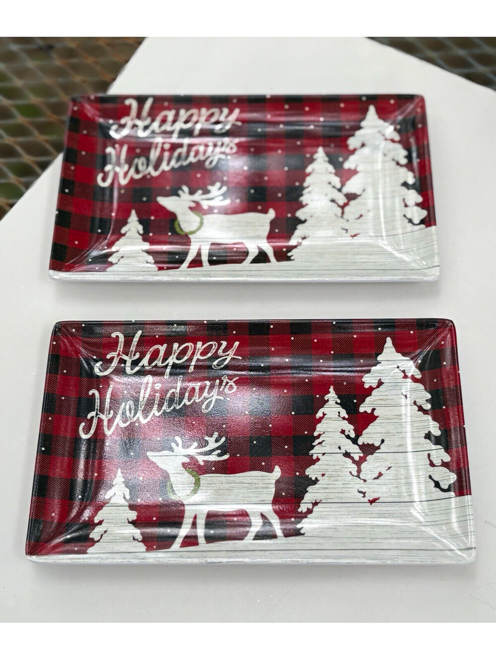 Cynthia Rowley Melamine Set of 2 Rectangular Plaid Holiday Trays Dishwasher Safe